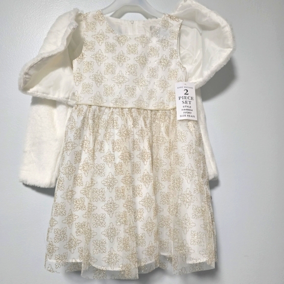 Girls' Size 4/5 Rare Editions Ivory and Gold Dress And Faux Fur Jacket Set - Picture 2 of 16